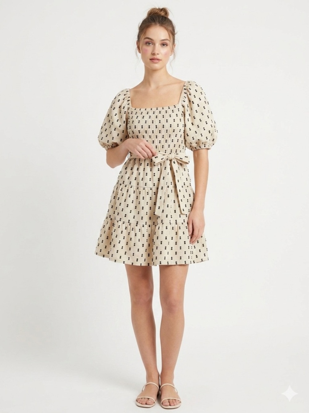 Sim & Sam Cream Puff Sleeve Mini Dress with Black Tufted Bows - Size M